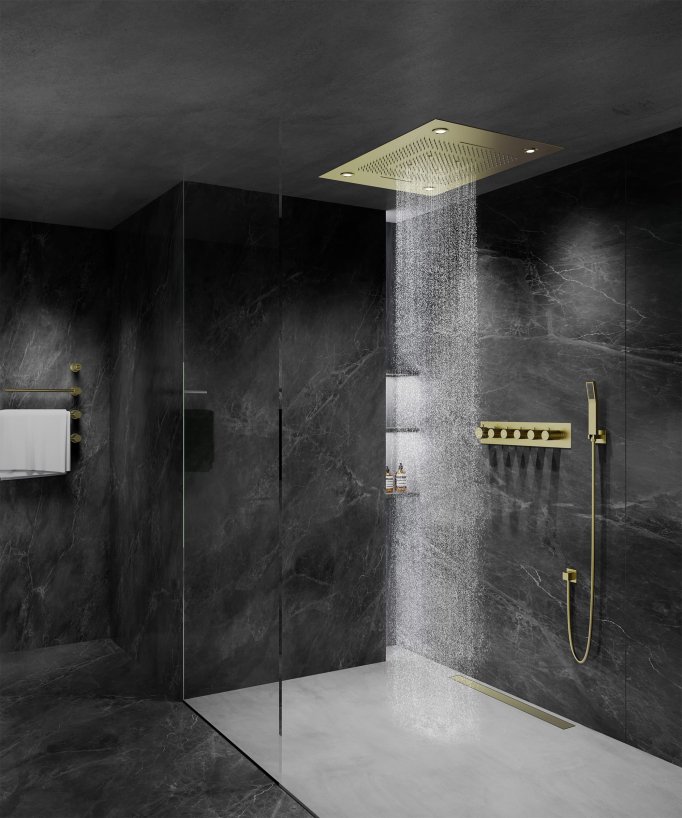 Composition de douche thermostatique avec ciel de pluie LED et chromothérapie - 80x60 cm - Doré brossé