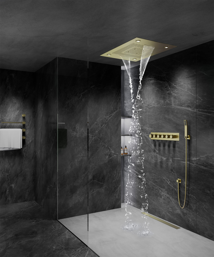 Composition de douche thermostatique avec ciel de pluie LED et chromothérapie - 80x60 cm - Doré brossé