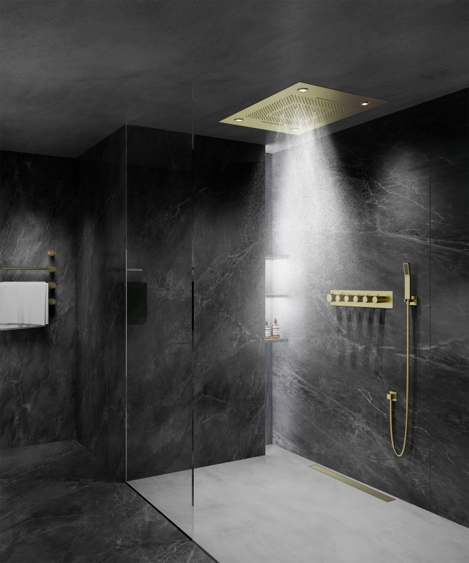 Composition de douche thermostatique avec ciel de pluie LED et chromothérapie - 80x60 cm - Doré brossé