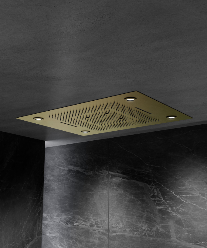Composition de douche thermostatique avec ciel de pluie LED et chromothérapie - 80x60 cm - Doré brossé