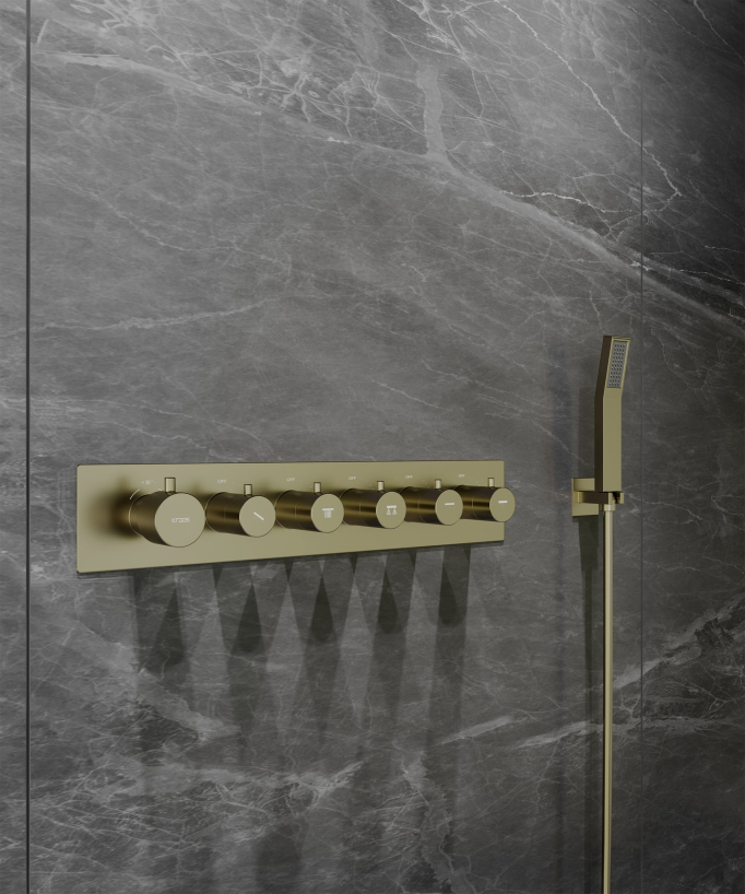 Composition de douche thermostatique avec ciel de pluie LED et chromothérapie - 80x60 cm - Doré brossé
