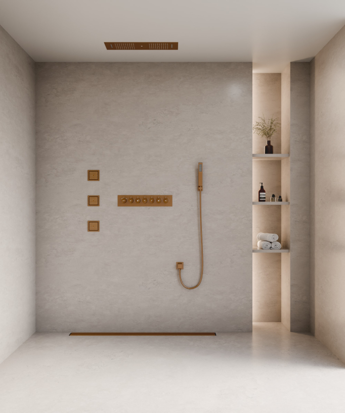 Ensemble douche thermostatique moderne Or rose brossé - Ciel de pluie LED 900x300 mm, 3 jets de corps