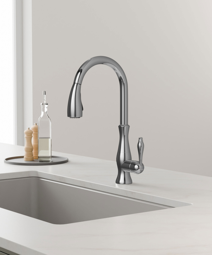 Mitigeur de cuisine moderne avec douchette et tuyau extractible - Chromé