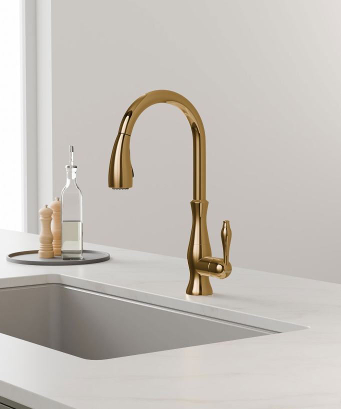 Mitigeur de cuisine moderne avec douchette et tuyau extractible - Doré
