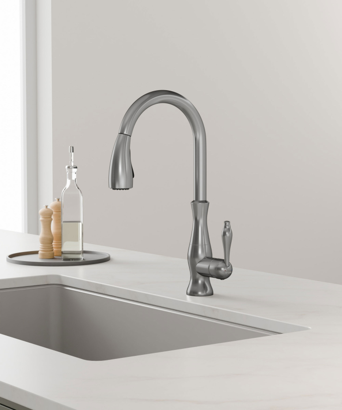 Mitigeur de cuisine moderne avec douchette et tuyau extractible - Nickel brossé