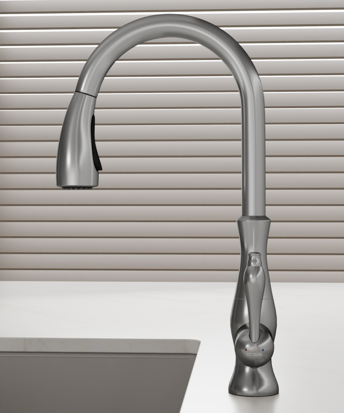 Mitigeur de cuisine moderne avec douchette et tuyau extractible - Nickel brossé