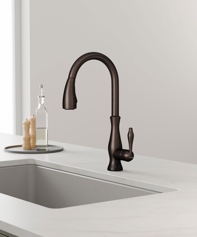 Mitigeur de cuisine moderne avec douchette et tuyau extractible - Cuivré