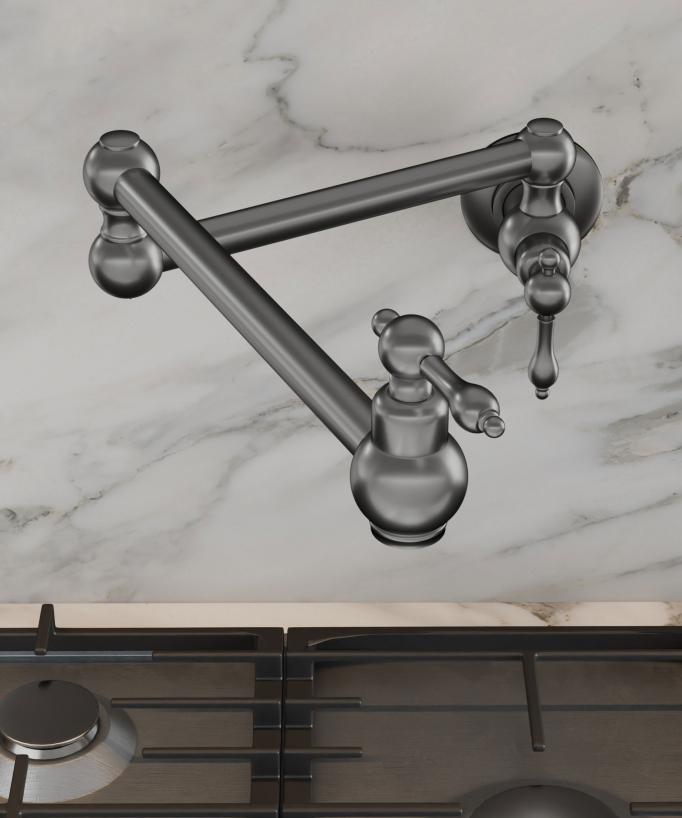 Robinet de cuisine mural rétractable à deux poignées avec deux joints pivotants eau froide - Nickel brossé