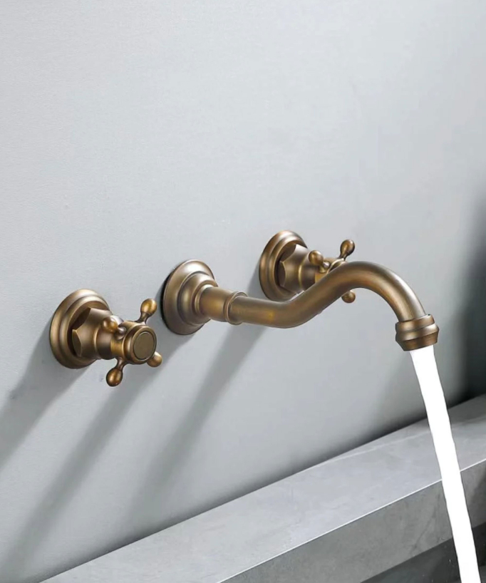 Mélangeur de lavabo mural rétro en bronze avec poignées croisées - Rome 