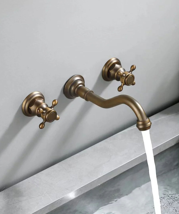 Mélangeur de lavabo mural rétro en bronze avec poignées croisées - Rome 