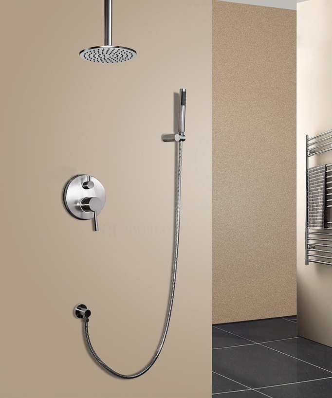 Douche thermostatique encastrée nickel brossé pommeau pluie 200 mm plafond, douchette avec support mural