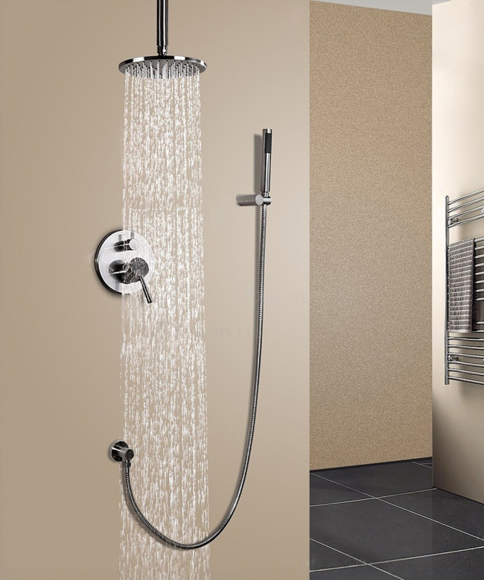 Douche thermostatique encastrée nickel brossé pommeau pluie 200 mm plafond, douchette avec support mural