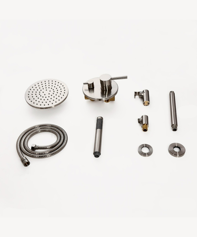 Douche thermostatique encastrée nickel brossé pommeau pluie 200 mm plafond, douchette avec support mural
