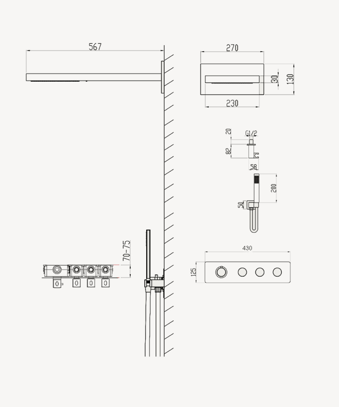 Ensemble de douche thermostatique encastré avec fonction pluie et cascade - Chromé