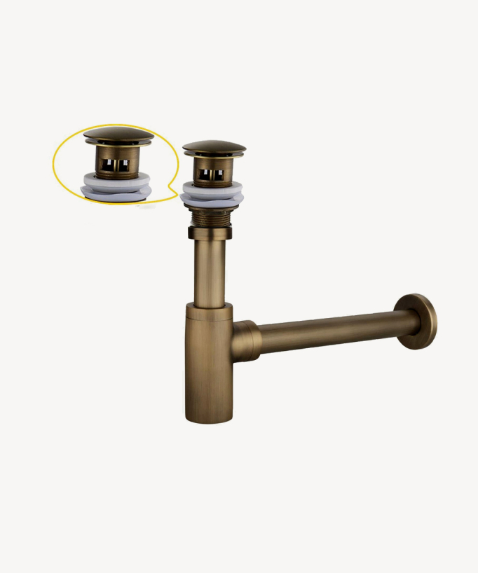 Siphon lavabo cylindrique avec bonde trop-plein en laiton antique