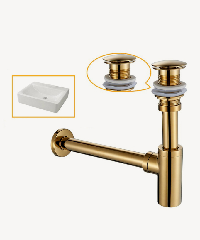 Siphon lavabo cylindrique avec bonde trop-plein en laiton Doré