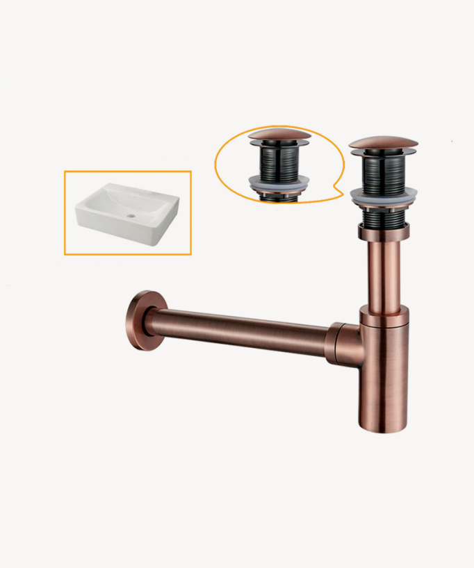 Siphon lavabo cylindrique avec bonde trop-plein Or rose brossé