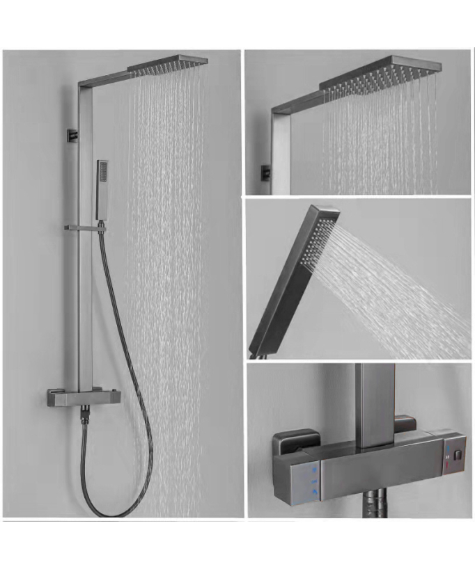 Colonne de douche thermostatique design carré & pommeau pluie rectangulaire - Sirius