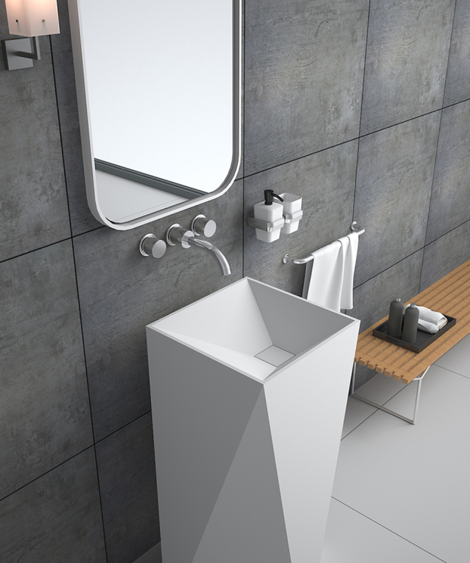 Lavabo totem carré à poser en résine minérale Blanc mat - Zanaga