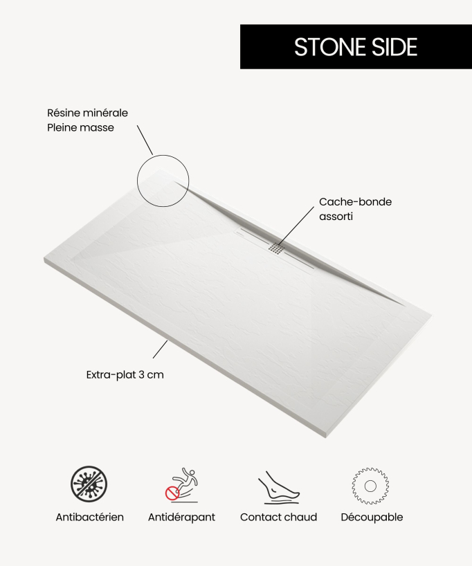 Receveur de douche Blanc, Ardoise Stone SIDE, grille de couleur