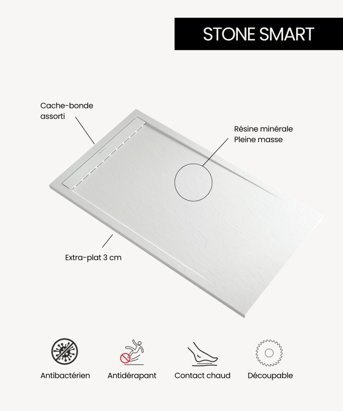 Receveur de douche Sable, finition Ardoise Stone SMART, grille de couleur