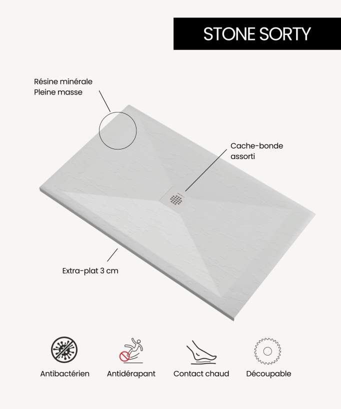 Receveur de douche Gris, finition ardoise Stone SORTY, grille de couleur