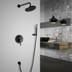 Ensemble de douche ronde moderne à montage mural en laiton massif et douchette à main en finition noir - Corbeau